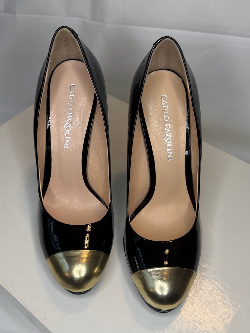 Carlo Pazolini Black Patent Pumps with Gold Cap Toe